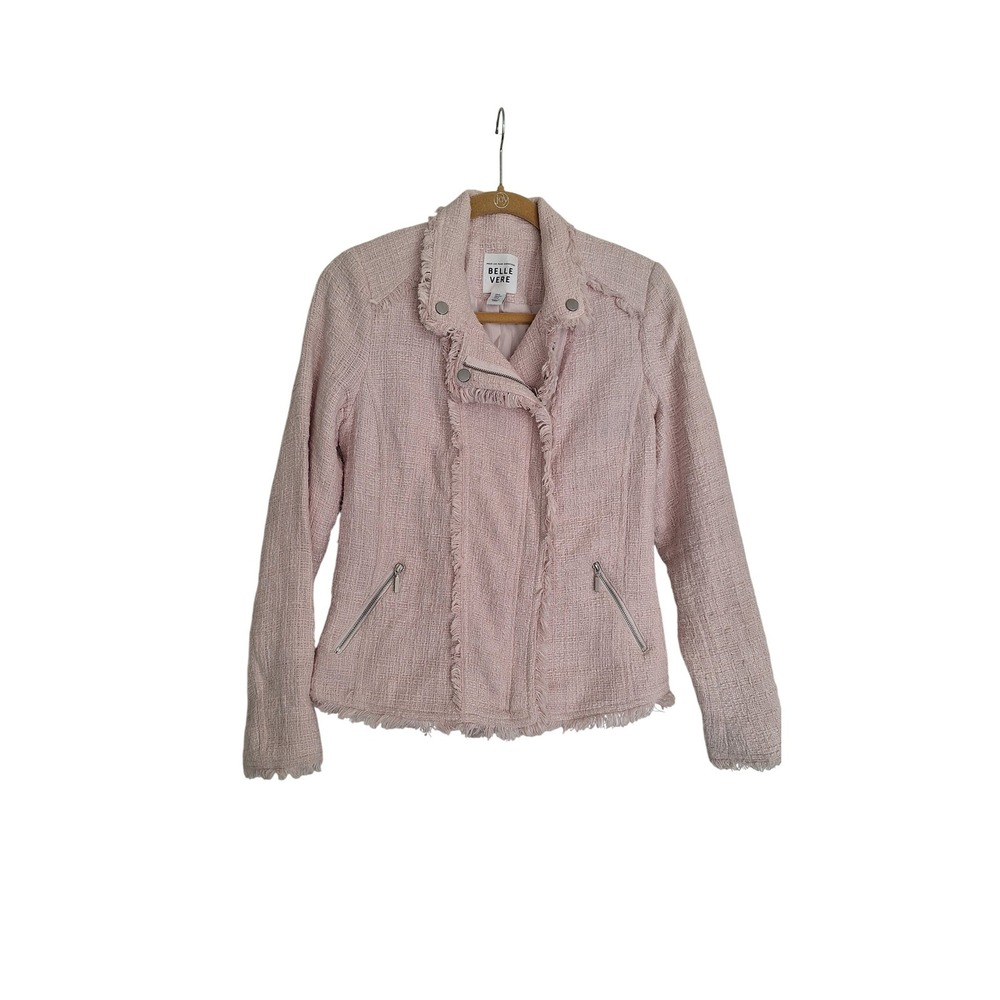 Belle Vere Women's Tweed Blazer Size Small Pink Fringe Zip Moto Anthropologie